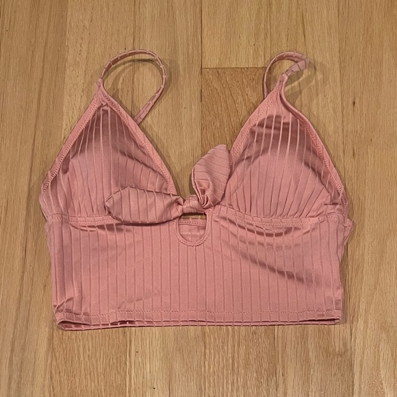 Aerie Ribbed Shine Longline Tie Front Triangle Bikini Top - Picture 1 of 3